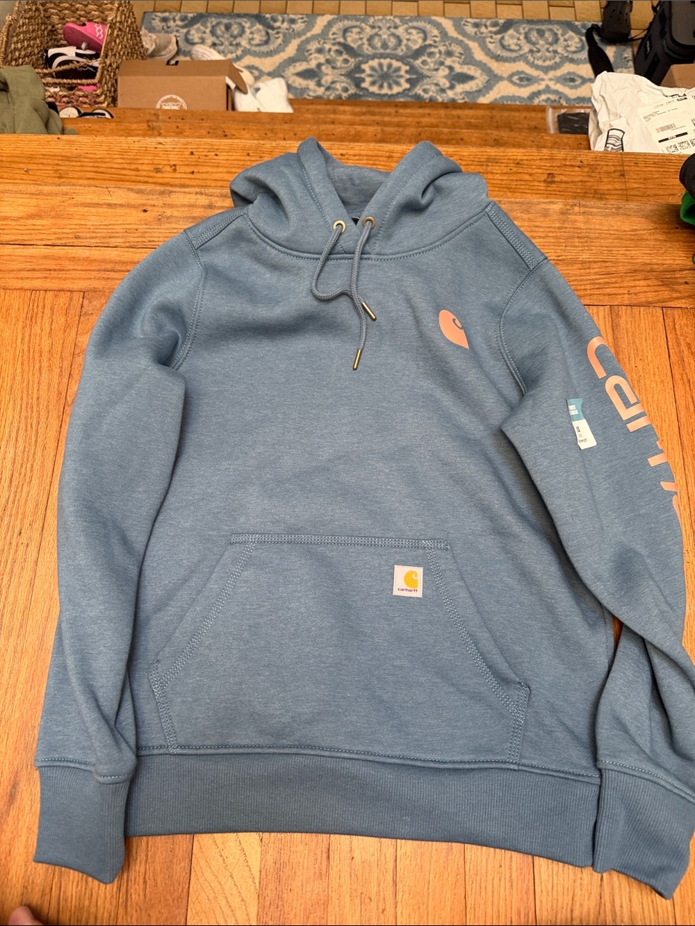 Carhartt women’s Dusty Blue Pullover Hoodie with Peach Accents